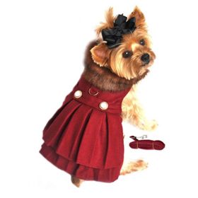 Wool Fur-Trimmed Dog Harness Coat by Doggie Design- Burgundy (Size: X-Small)