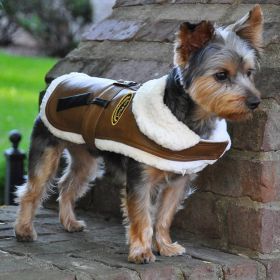 Brown and Black Faux Leather Bomber Dog Coat Harness and Leash (Size: X-Small)