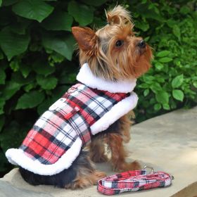 Sherpa-Lined Dog Harness Coat RED & White Plaid (Size: X-Small)